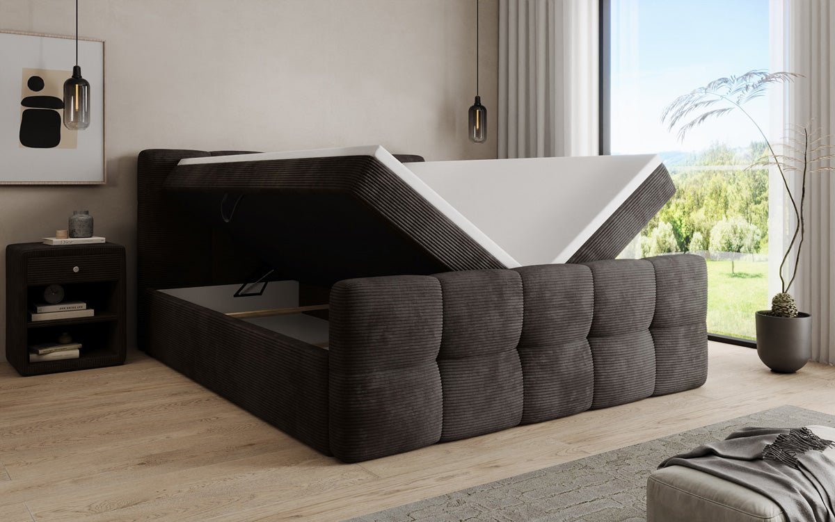 Boxspringbed Cozy in Ribstof met opbergruimte