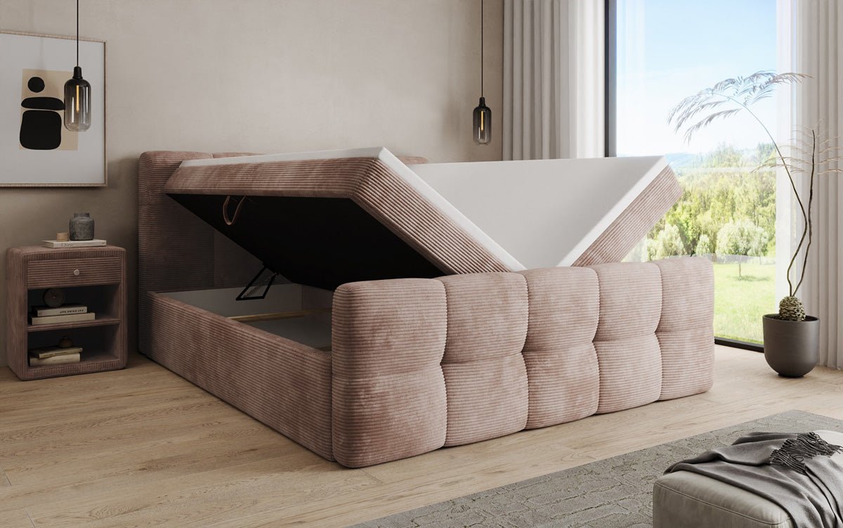 Boxspringbed Cozy in Ribstof met opbergruimte