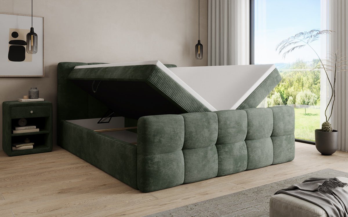 Boxspringbed Cozy in Ribstof met opbergruimte