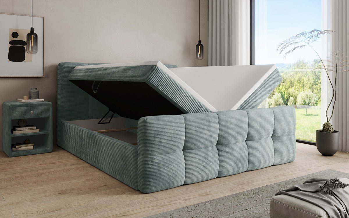 Boxspringbed Cozy in Ribstof met opbergruimte
