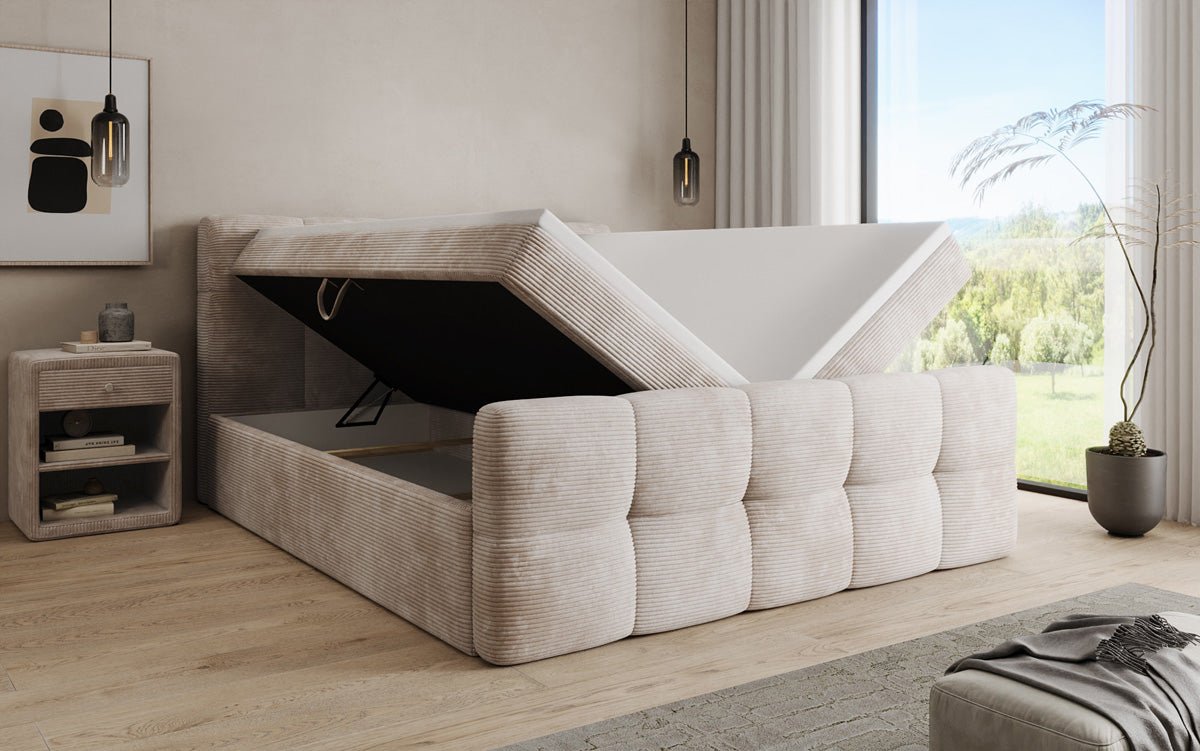 Boxspringbed Cozy in Ribstof met opbergruimte