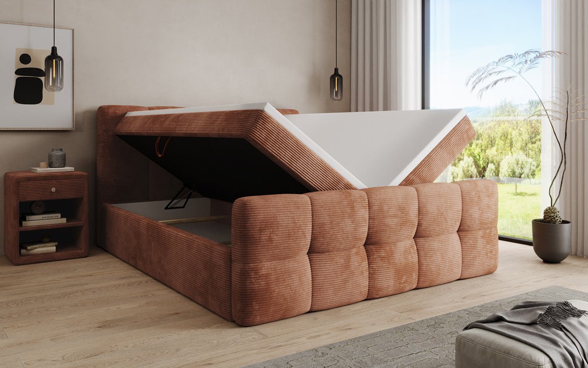 Boxspringbed Cozy in Ribstof met opbergruimte