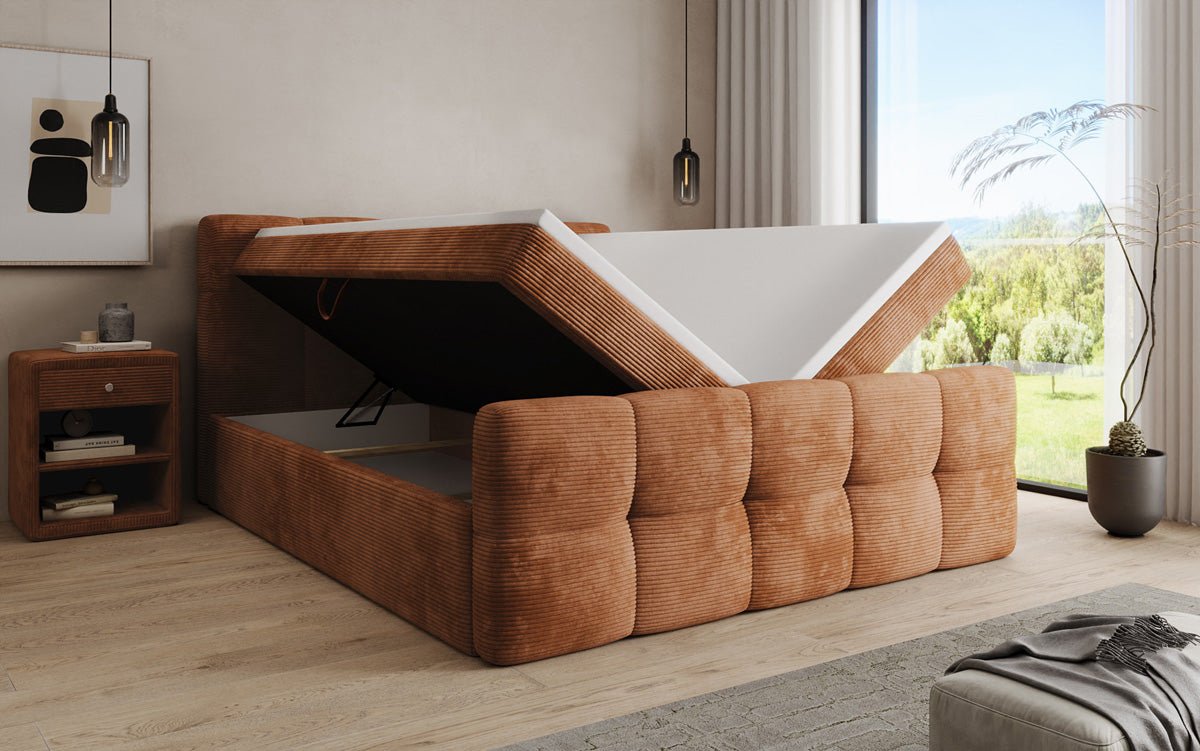 Boxspringbed Cozy in Ribstof met opbergruimte