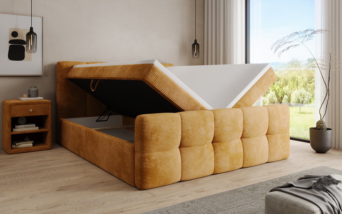 Boxspringbed Cozy in Ribstof met opbergruimte