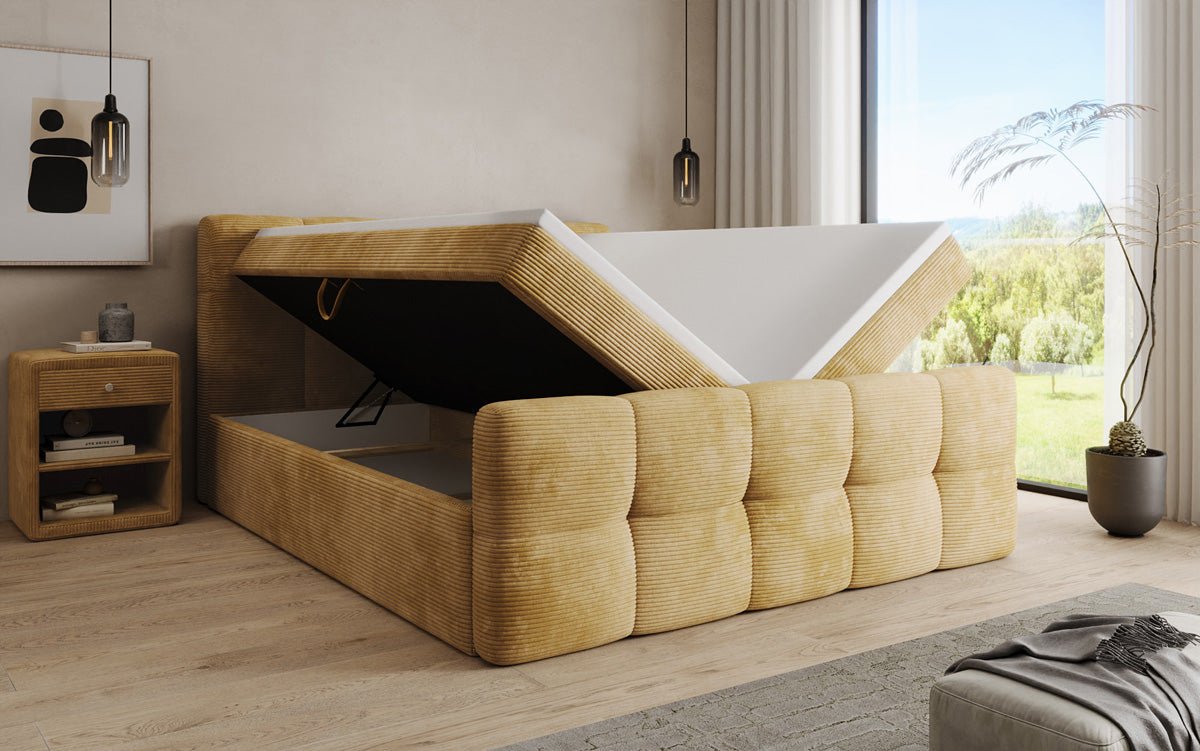 Boxspringbed Cozy in Ribstof met opbergruimte