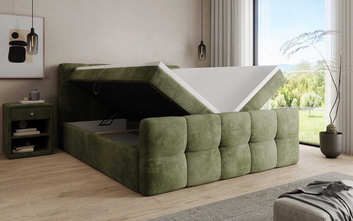 Boxspringbed Cozy in Ribstof met opbergruimte