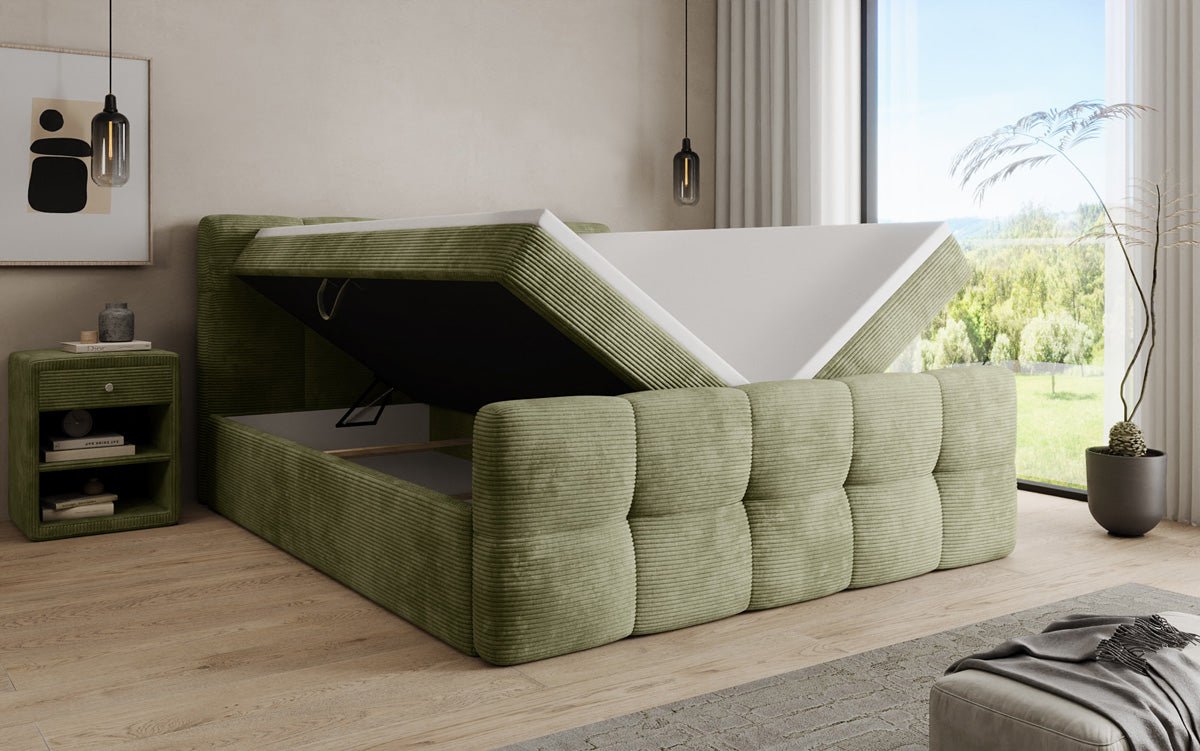 Boxspringbed Cozy in Ribstof met opbergruimte