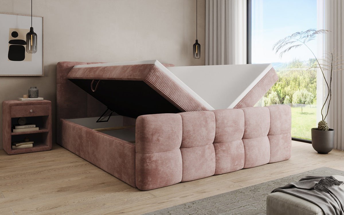 Boxspringbed Cozy in Ribstof met opbergruimte