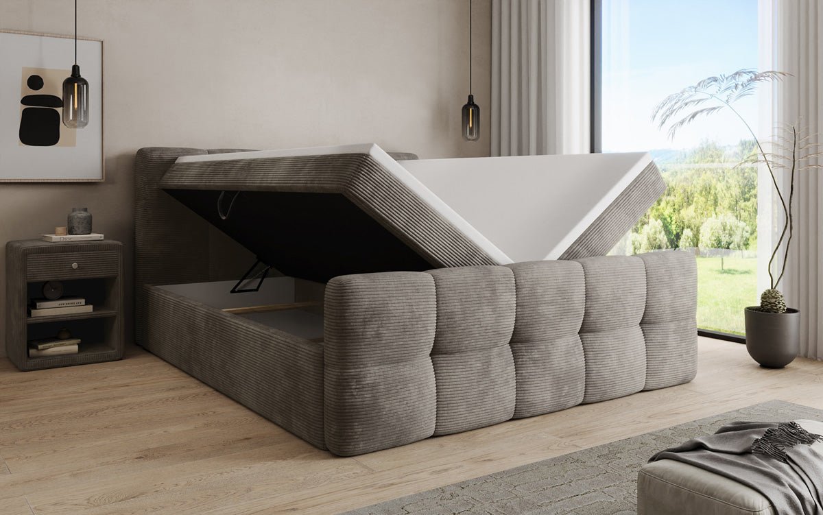 Boxspringbed Cozy in Ribstof met opbergruimte