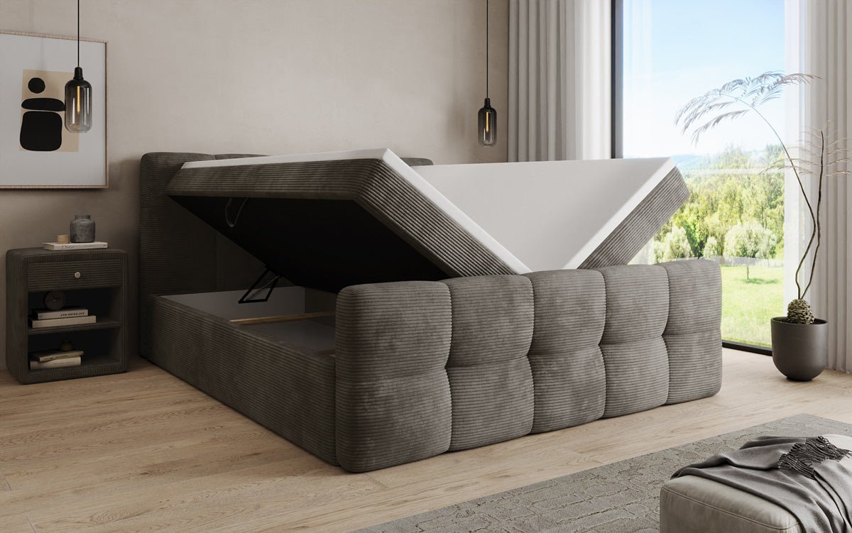 Boxspringbed Cozy in Ribstof met opbergruimte