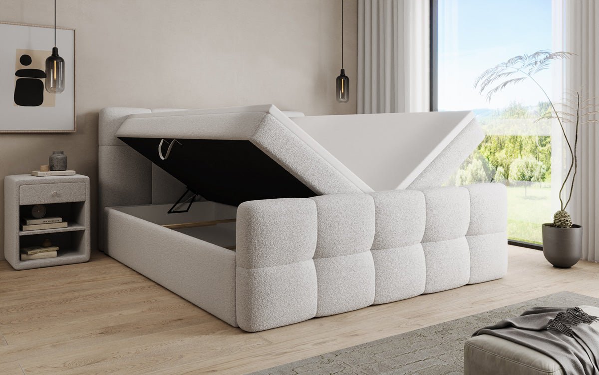 Boxspringbed Cozy in Teddystof Bouclé met opbergruimte