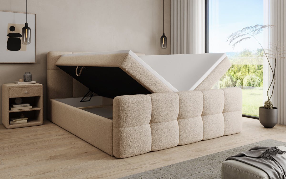 Boxspringbed Cozy in Teddystof Bouclé met opbergruimte