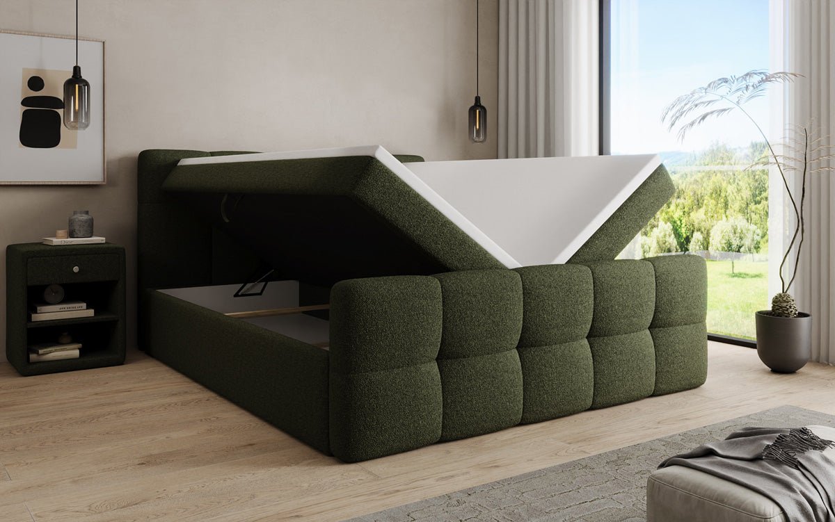 Boxspringbed Cozy in Teddystof Bouclé met opbergruimte