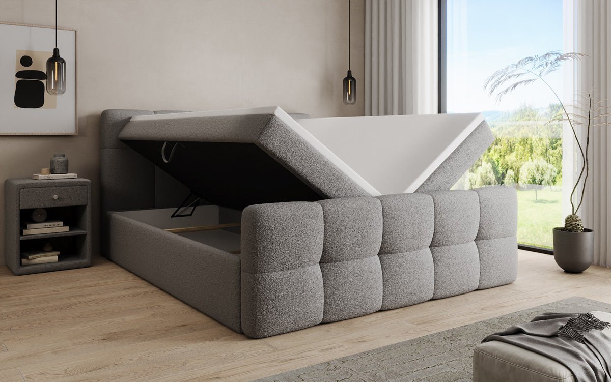 Boxspringbed Cozy in Teddystof Bouclé met opbergruimte