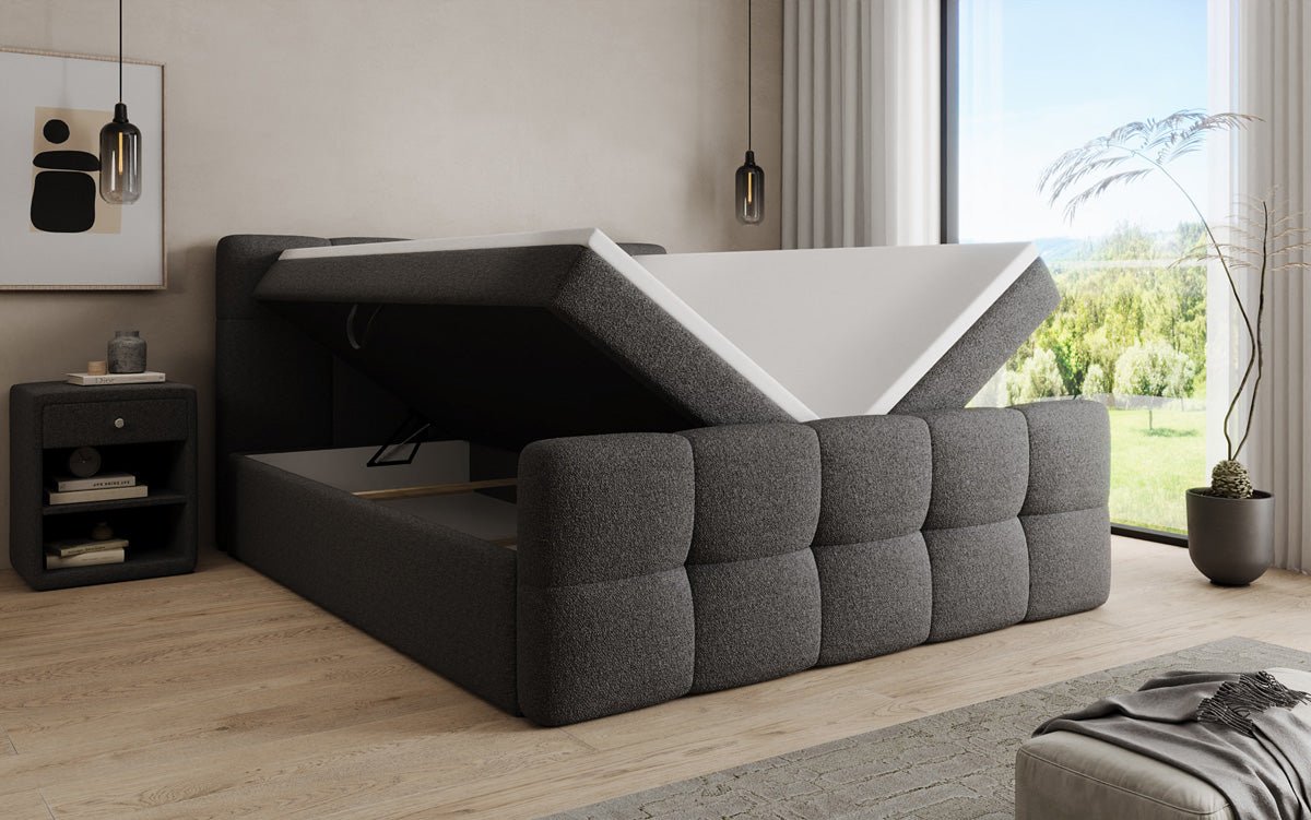 Boxspringbed Cozy in Teddystof Bouclé met opbergruimte