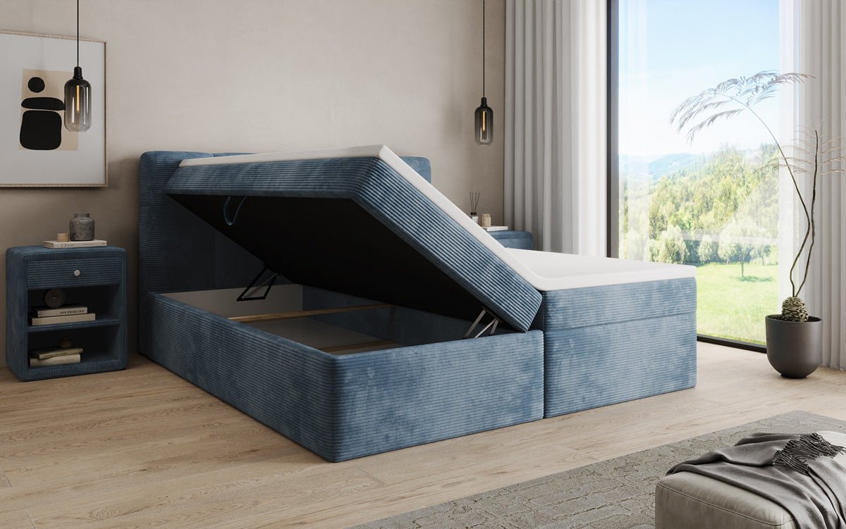 Boxspringbed Cozy II in Ribstof met opbergruimte