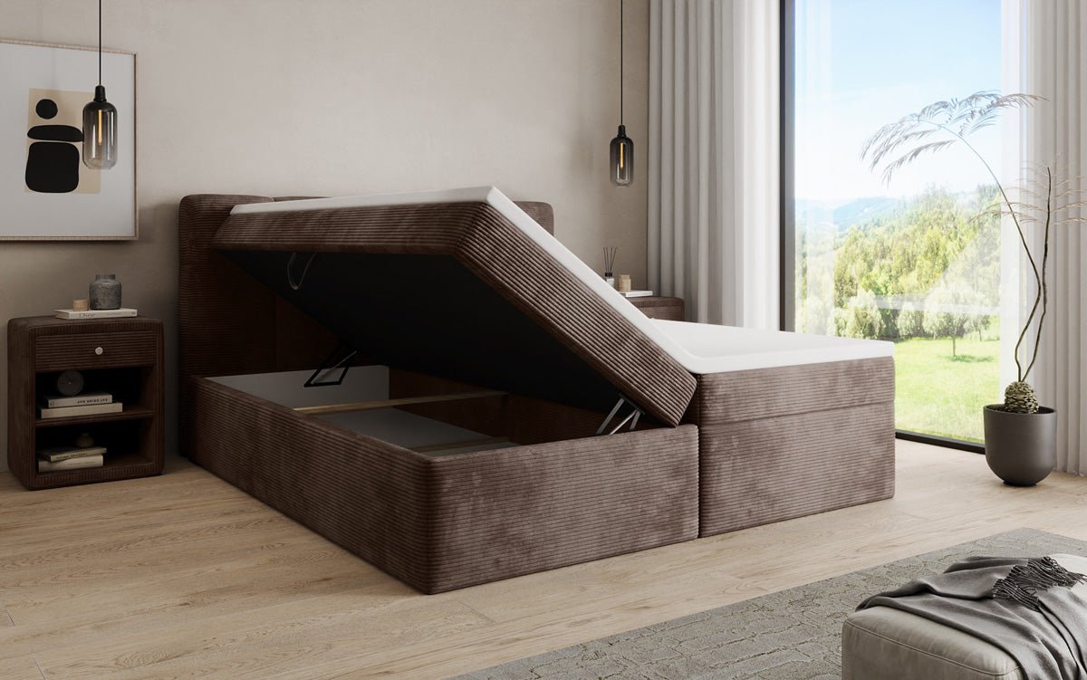 Boxspringbed Cozy II in Ribstof met opbergruimte