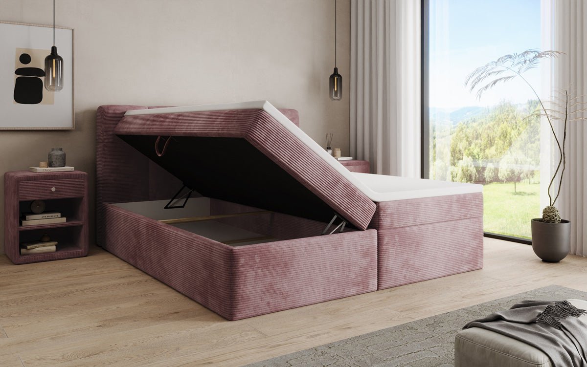 Boxspringbed Cozy II in Ribstof met opbergruimte