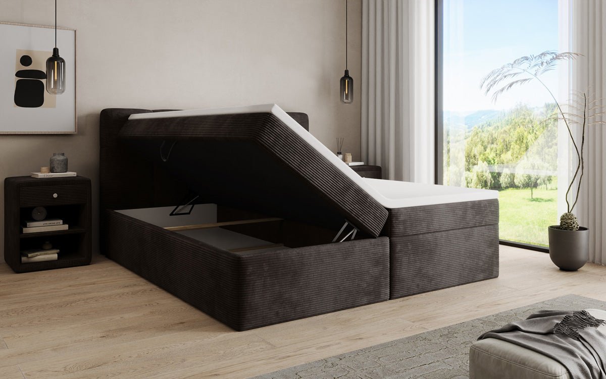 Boxspringbed Cozy II in Ribstof met opbergruimte