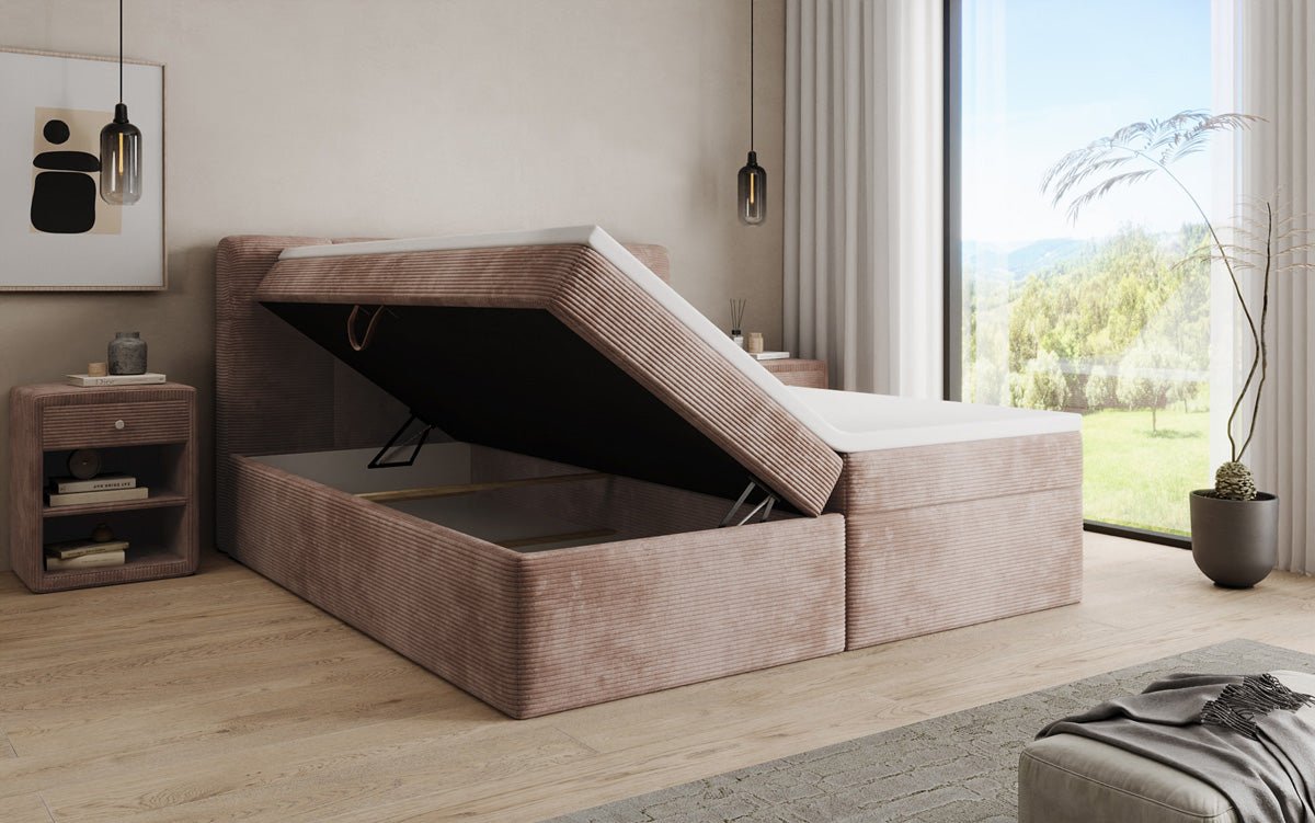 Boxspringbed Cozy II in Ribstof met opbergruimte