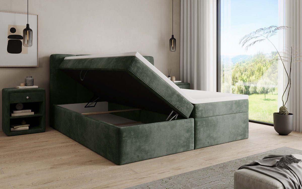 Boxspringbed Cozy II in Ribstof met opbergruimte