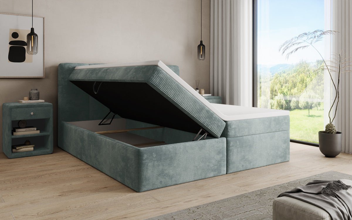Boxspringbed Cozy II in Ribstof met opbergruimte