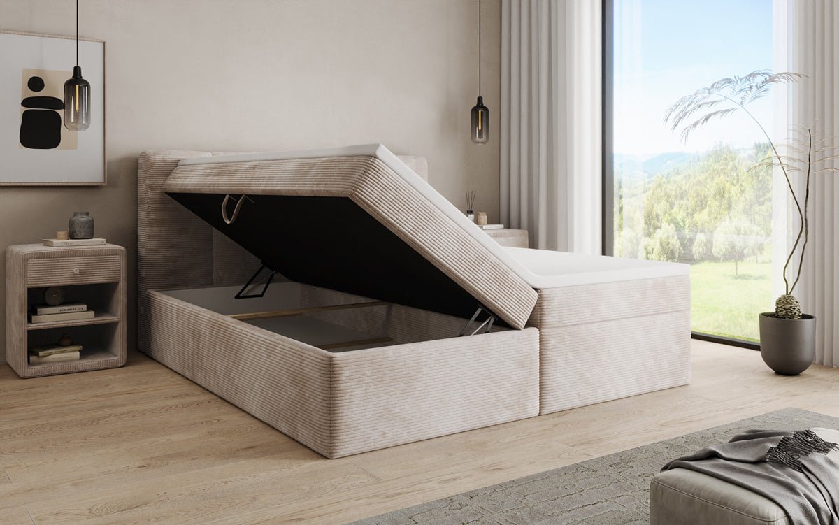 Boxspringbed Cozy II in Ribstof met opbergruimte