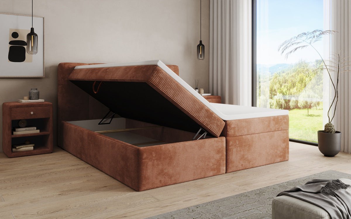 Boxspringbed Cozy II in Ribstof met opbergruimte