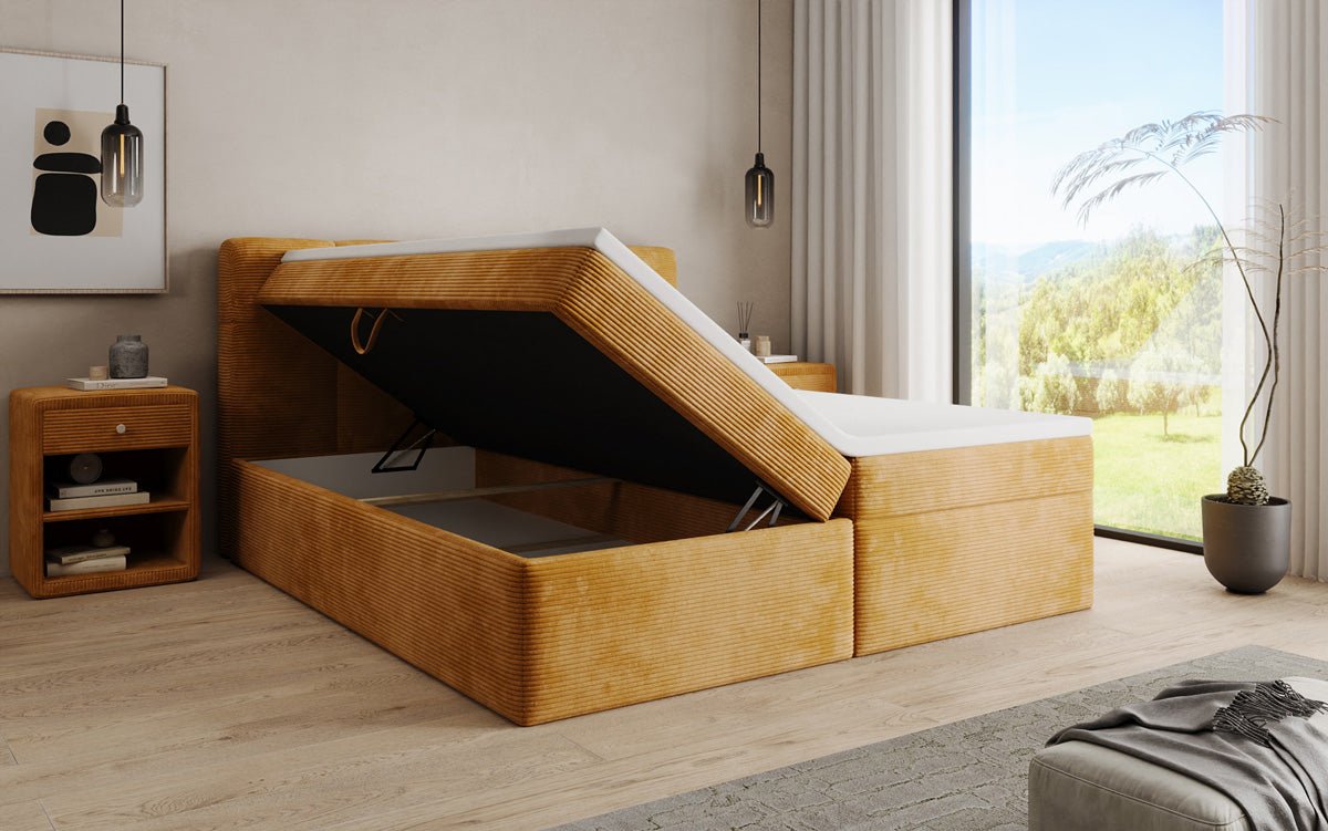 Boxspringbed Cozy II in Ribstof met opbergruimte