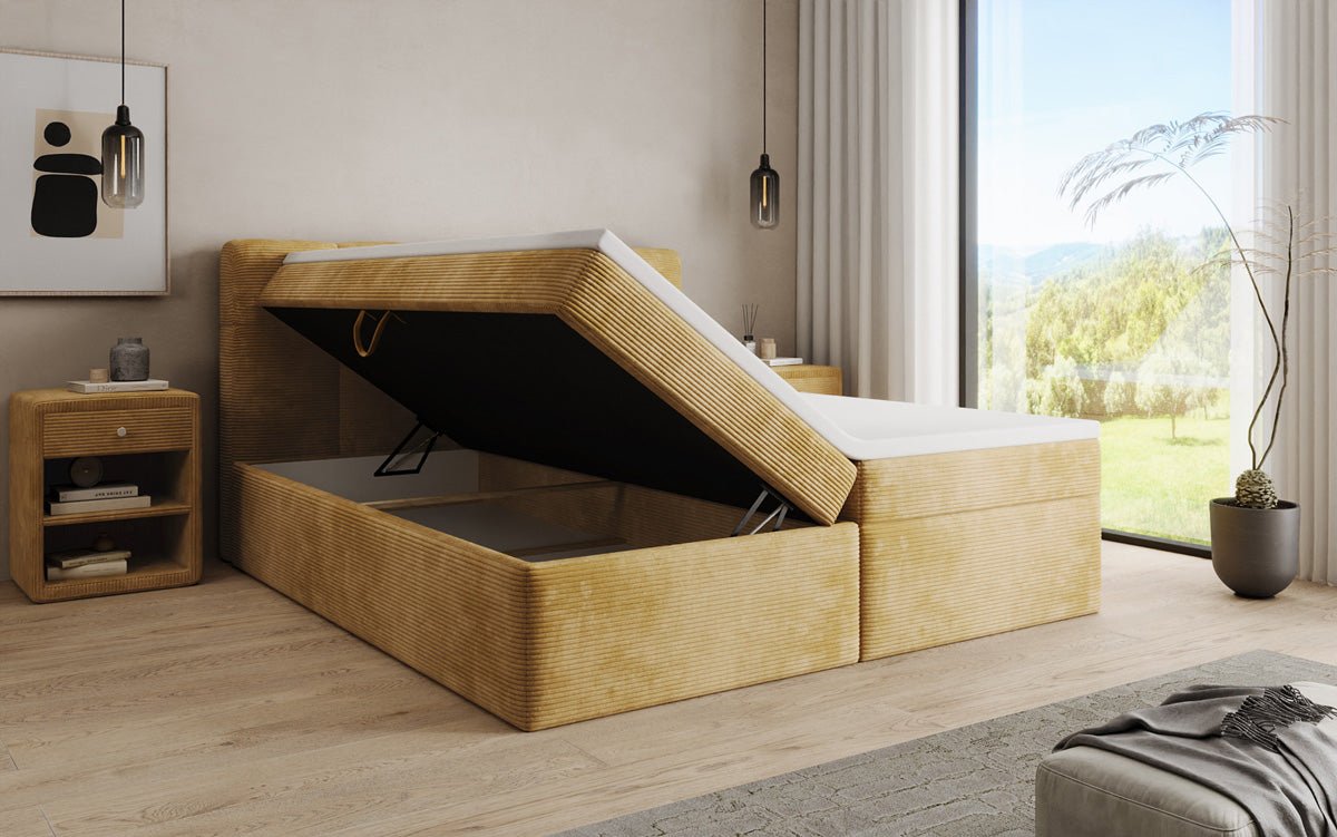 Boxspringbed Cozy II in Ribstof met opbergruimte