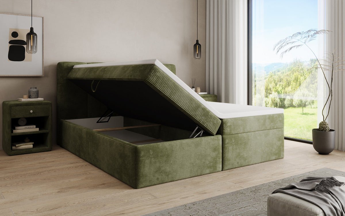 Boxspringbed Cozy II in Ribstof met opbergruimte
