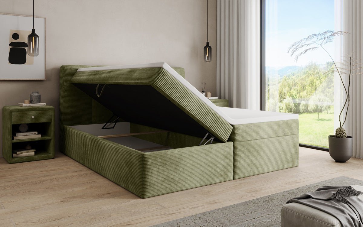 Boxspringbed Cozy II in Ribstof met opbergruimte