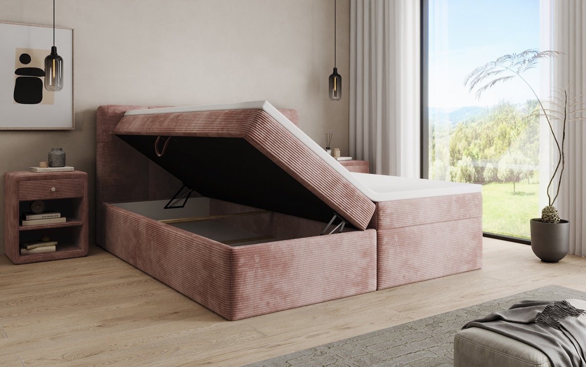 Boxspringbed Cozy II in Ribstof met opbergruimte