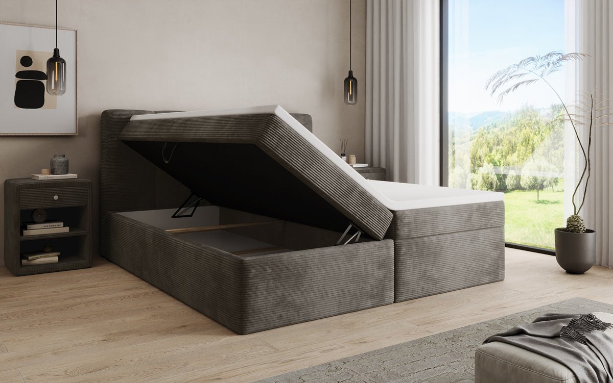 Boxspringbed Cozy II in Ribstof met opbergruimte