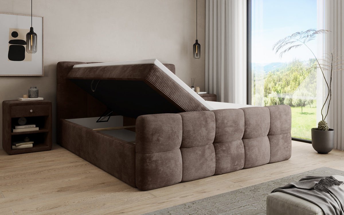 Boxspringbed Cozy in Ribstof met opbergruimte