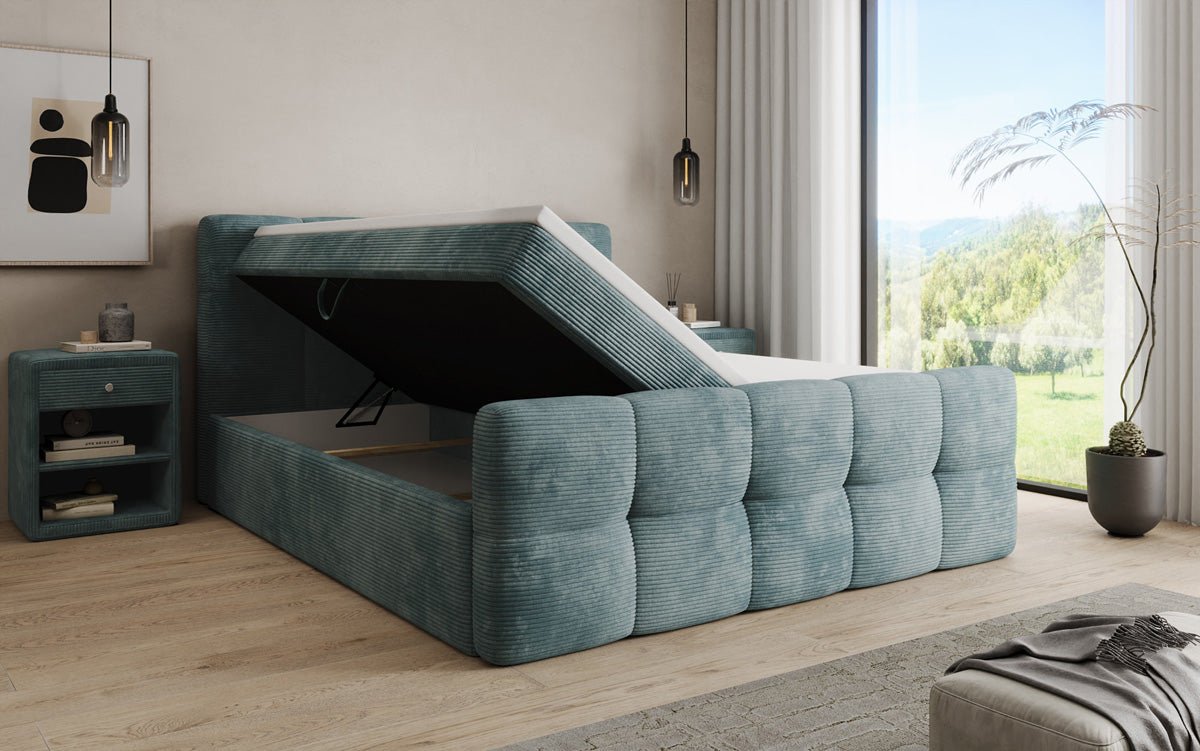 Boxspringbed Cozy in Ribstof met opbergruimte