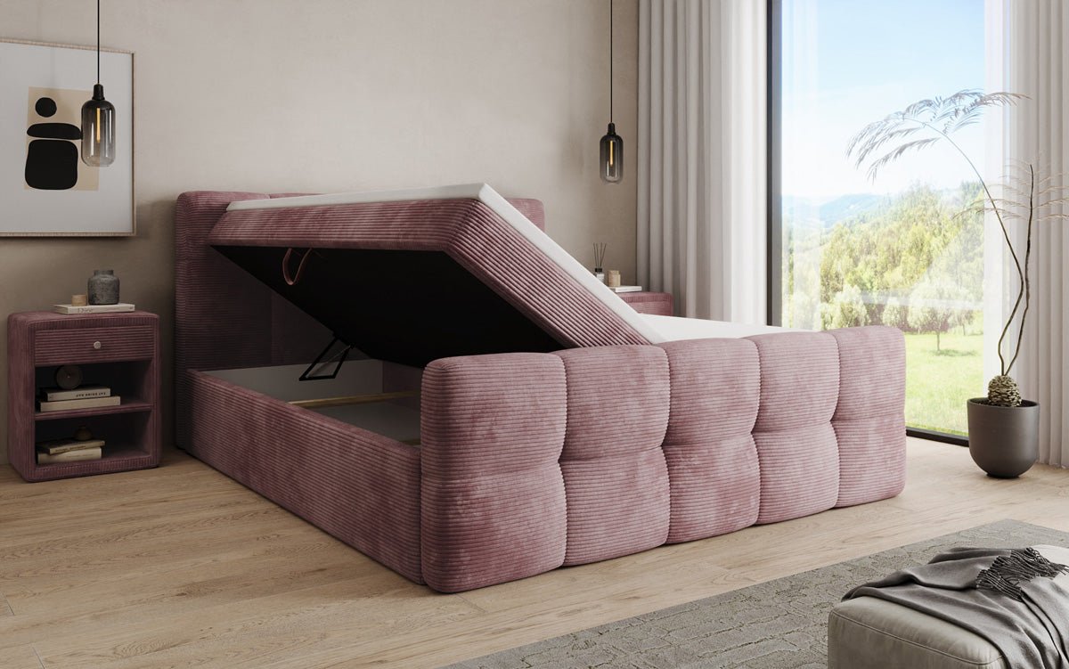Boxspringbed Cozy in Ribstof met opbergruimte