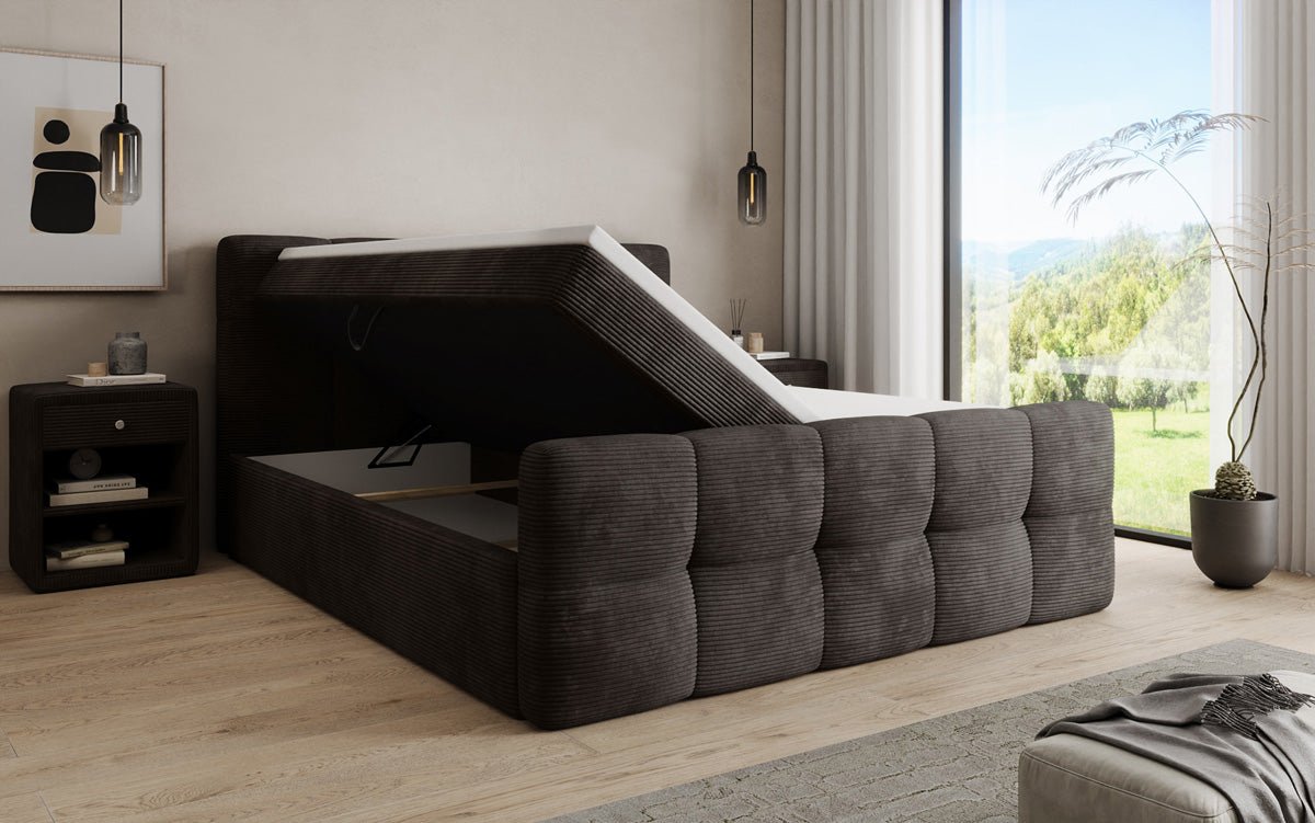 Boxspringbed Cozy in Ribstof met opbergruimte
