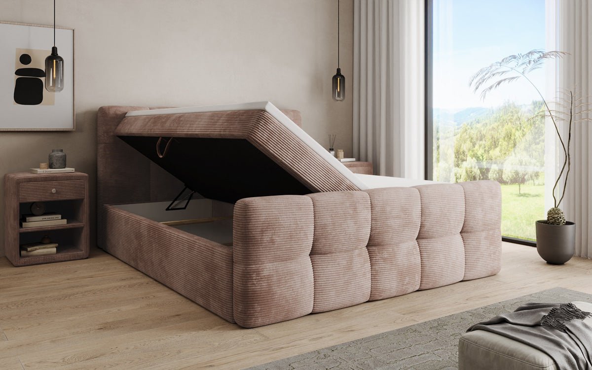 Boxspringbed Cozy in Ribstof met opbergruimte
