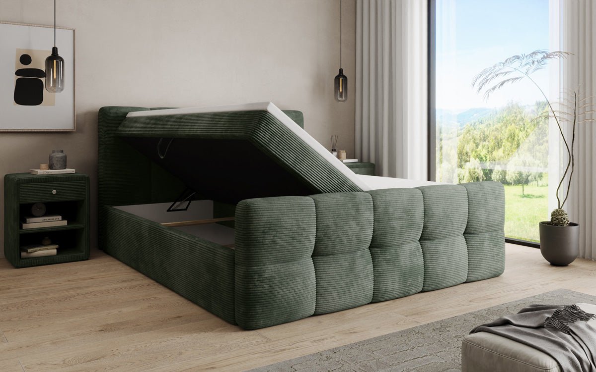 Boxspringbed Cozy in Ribstof met opbergruimte