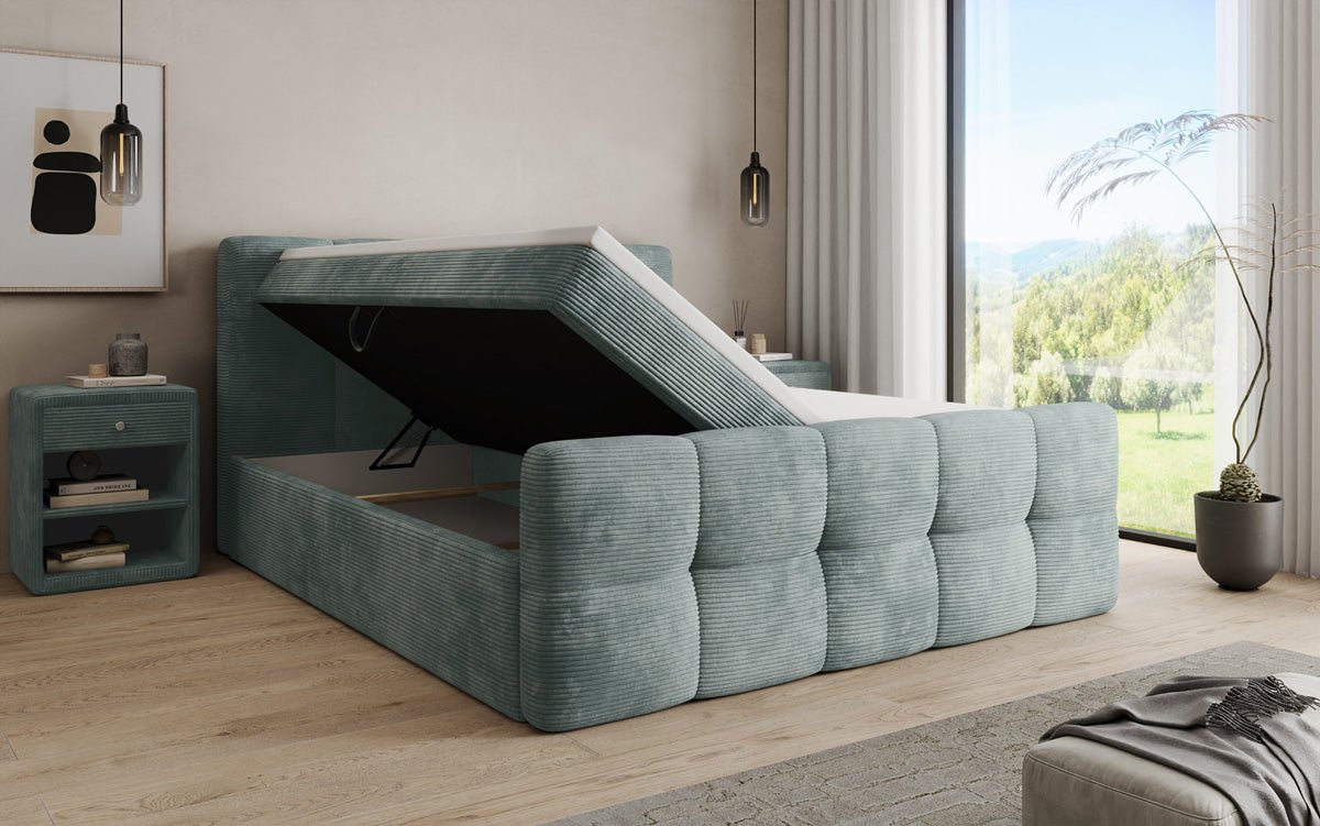 Boxspringbed Cozy in Ribstof met opbergruimte