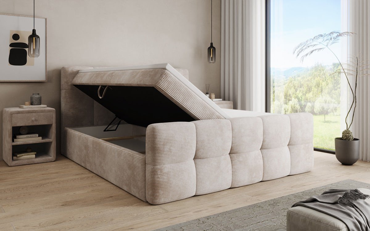 Boxspringbed Cozy in Ribstof met opbergruimte