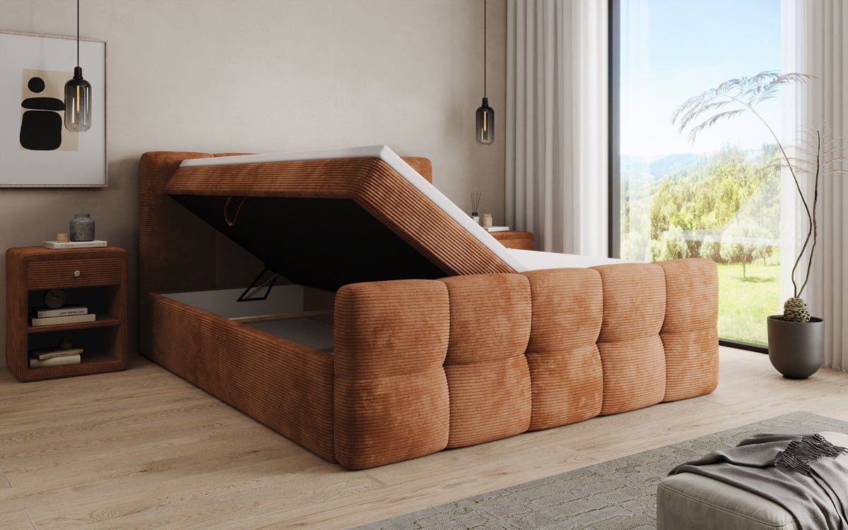 Boxspringbed Cozy in Ribstof met opbergruimte