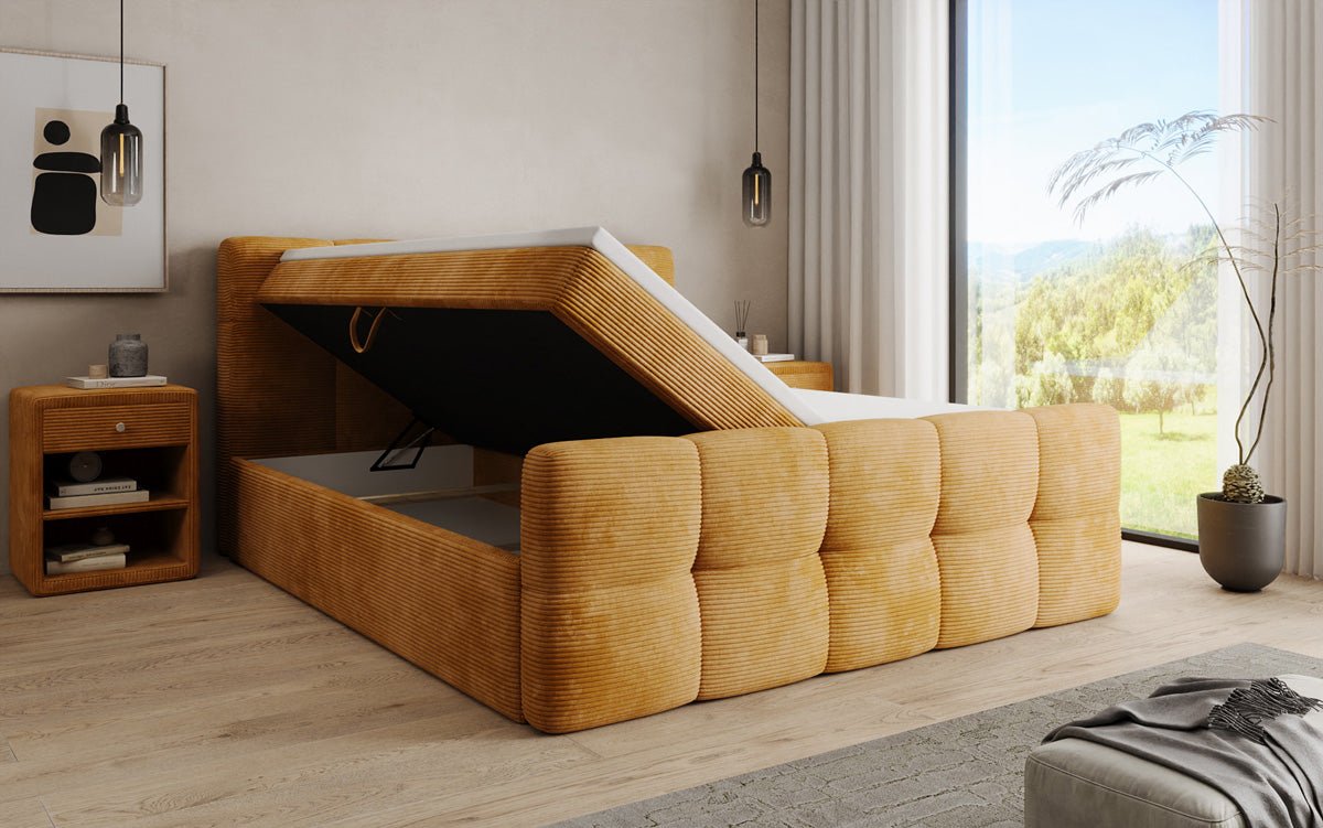 Boxspringbed Cozy in Ribstof met opbergruimte