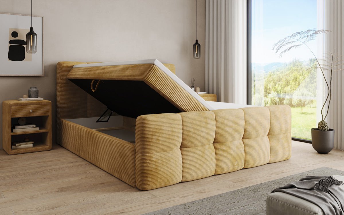 Boxspringbed Cozy in Ribstof met opbergruimte