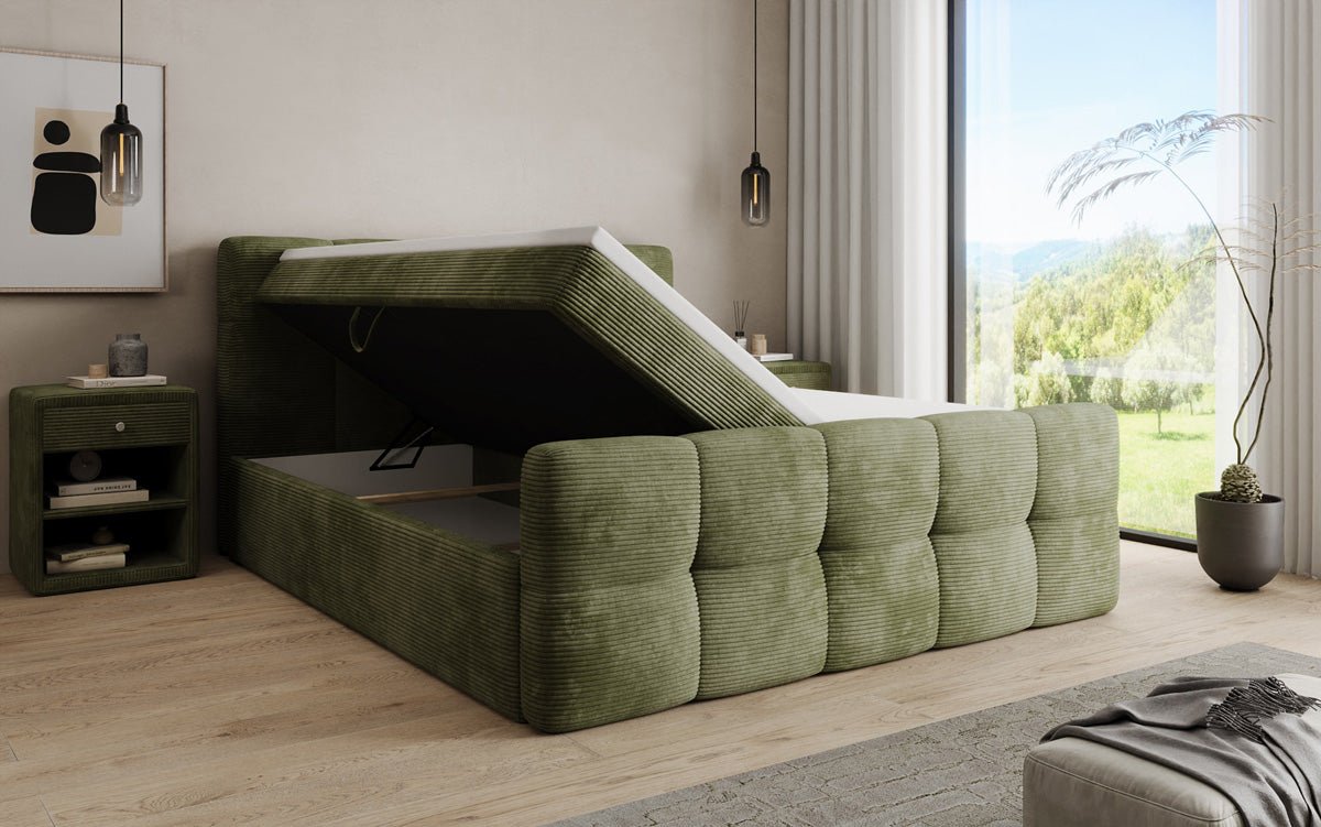 Boxspringbed Cozy in Ribstof met opbergruimte
