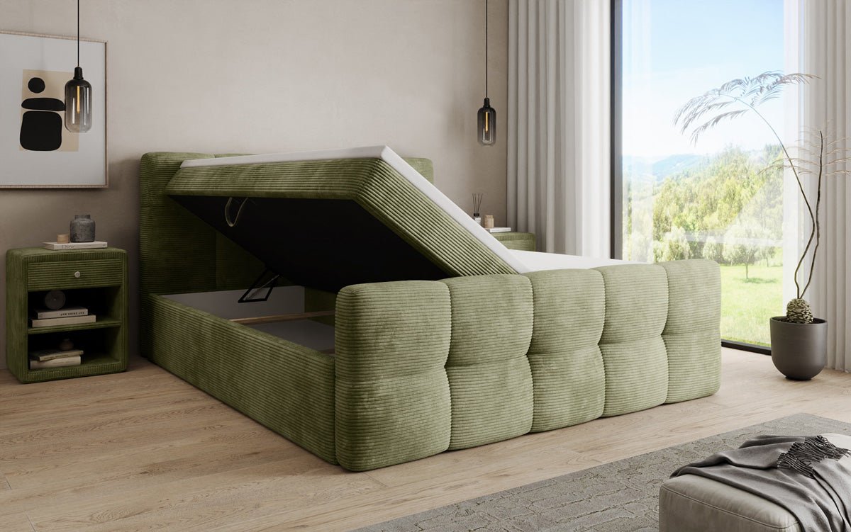 Boxspringbed Cozy in Ribstof met opbergruimte