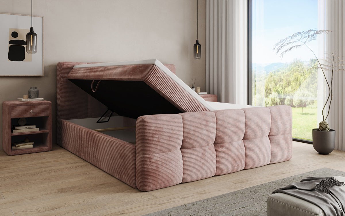 Boxspringbed Cozy in Ribstof met opbergruimte