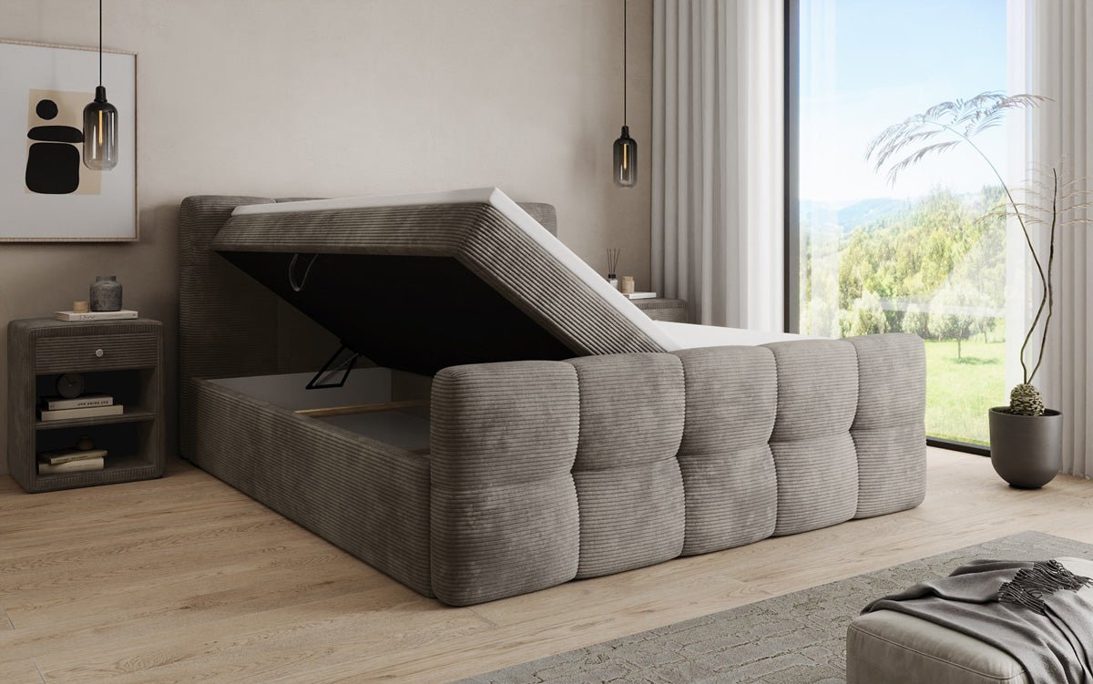 Boxspringbed Cozy in Ribstof met opbergruimte