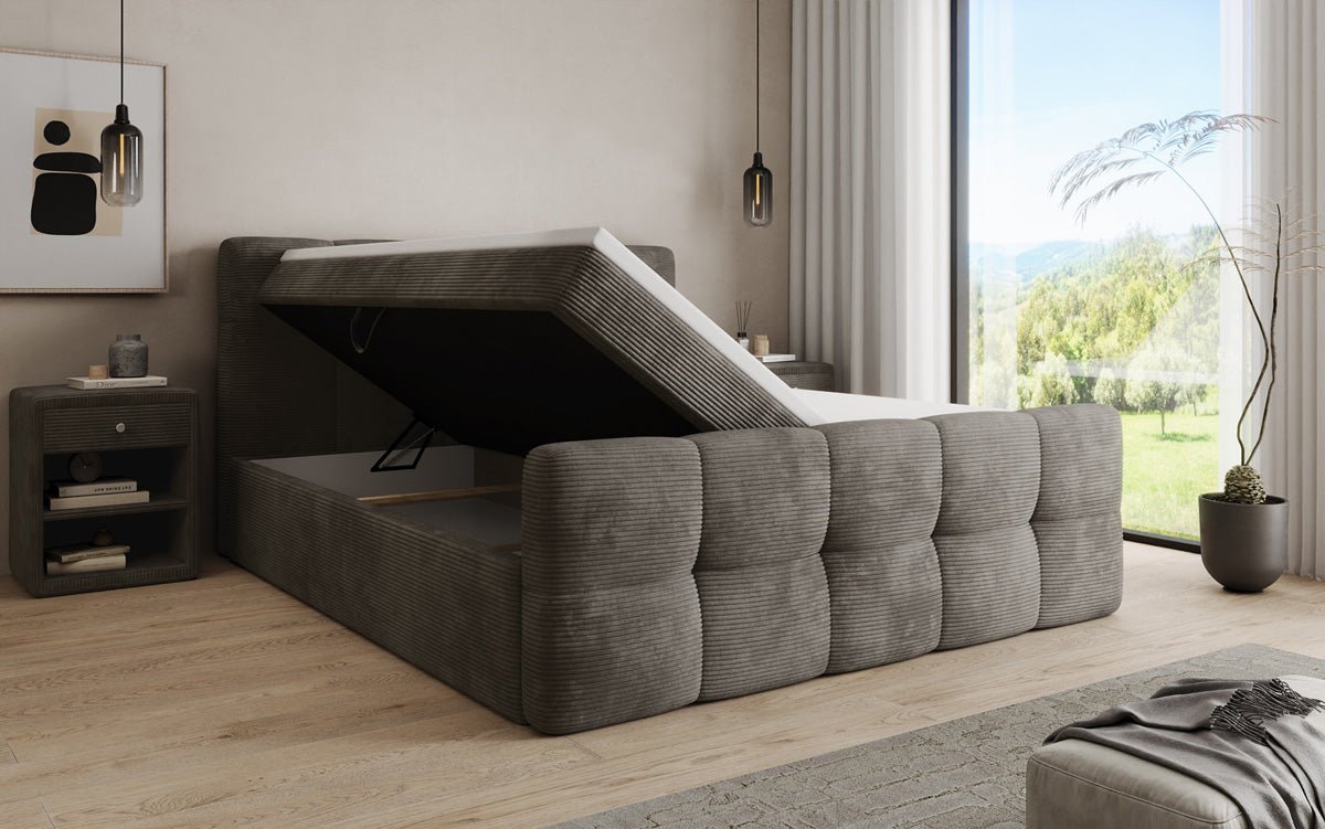 Boxspringbed Cozy in Ribstof met opbergruimte